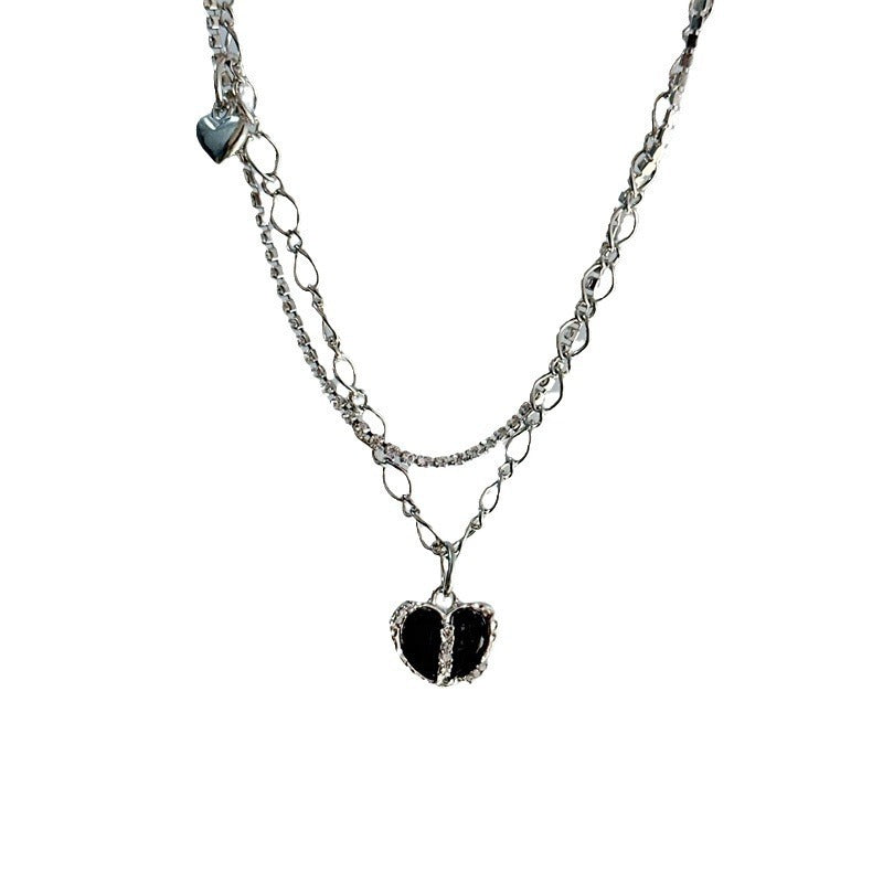 Niche Full Diamond Black Heart Pendant Necklace Jewelry For Women